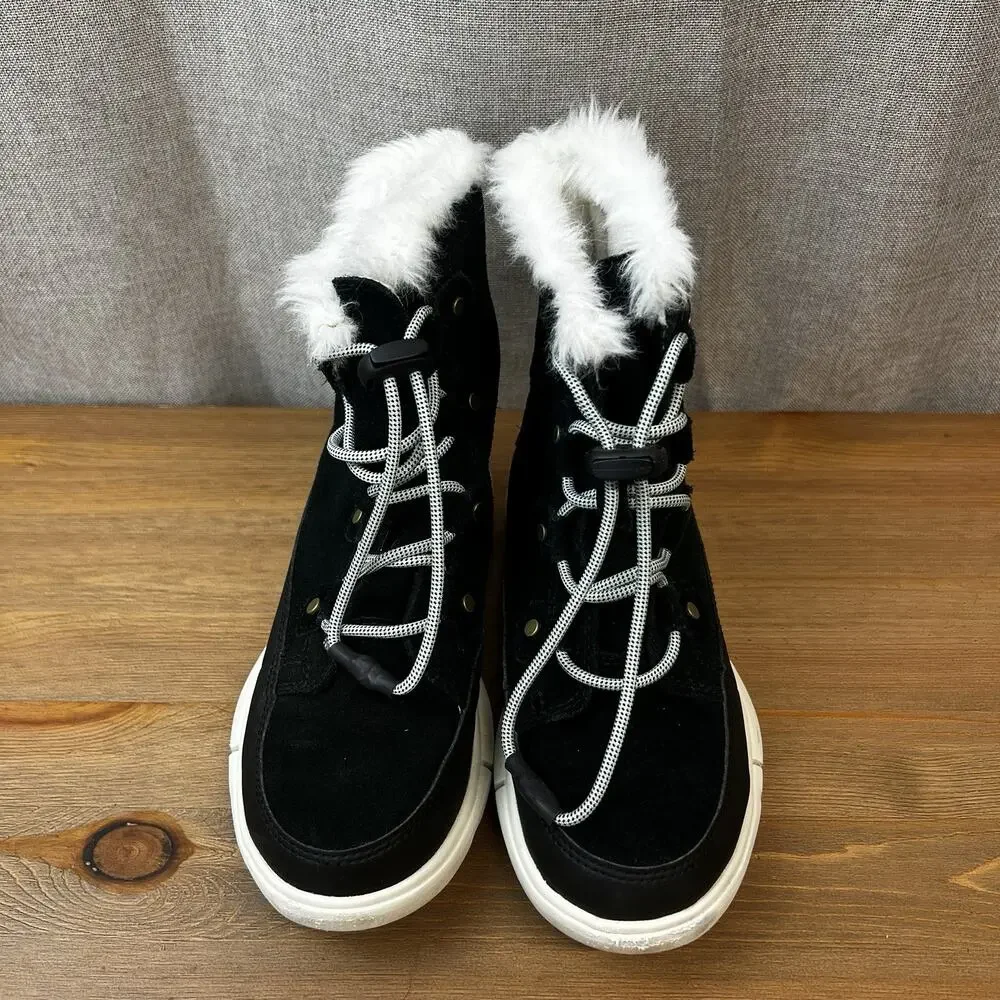 SOREL Explorer II Joan Boots Suede Faux Fur Sz 2 Waterproof Lace Up Shoes Black